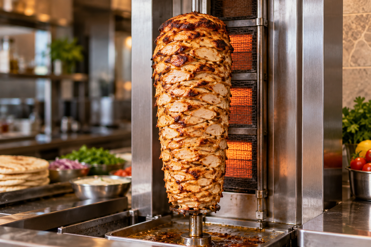 Lebanese shawarma roasting on a vertical spit