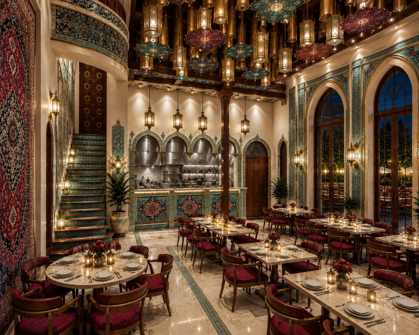 Elegant restaurant interior with ornate tiles and warm lanterns